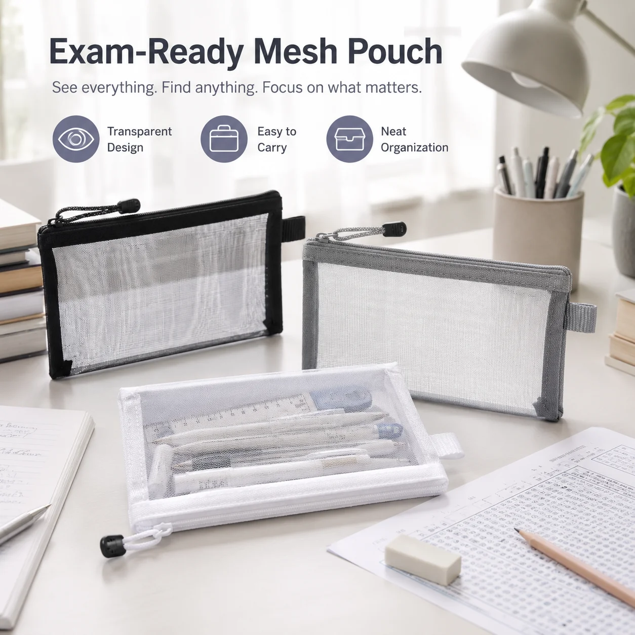 Clear Mesh Pencil Pouch For Exam - Kotak Pensil Jaring Transparan Tas Pena